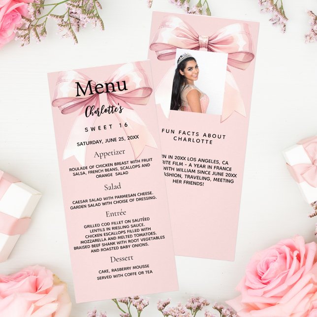 Pink bow photo fun facts birthday menu card (Creator Uploaded)