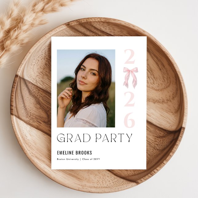 Pink Bow Photo Grad Party Invitation Postcard (Creator Uploaded)