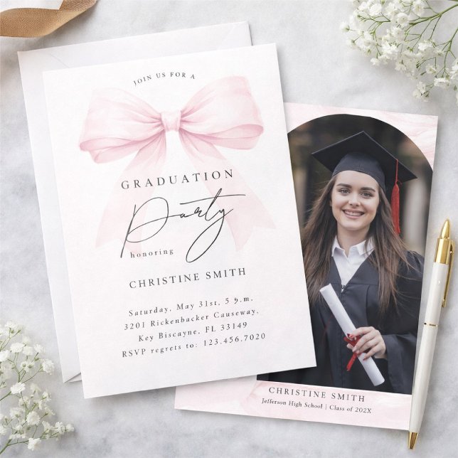 Pink Bow Photo Graduation Party Invitation (Creator Uploaded)