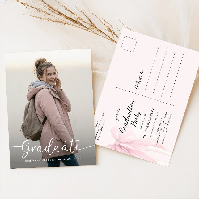 Pink Bow Photo Graduation Party Invitation Postcard (Creator Uploaded)