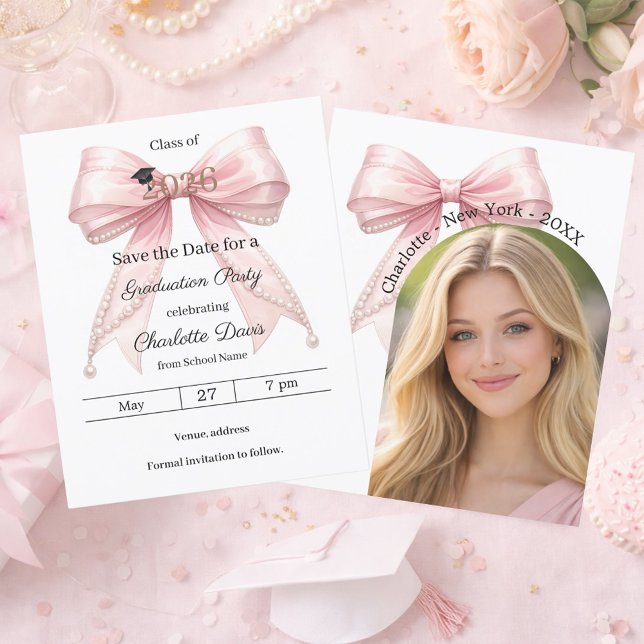 Pink bow photo Graduation party Save the Date card (Creator Uploaded)