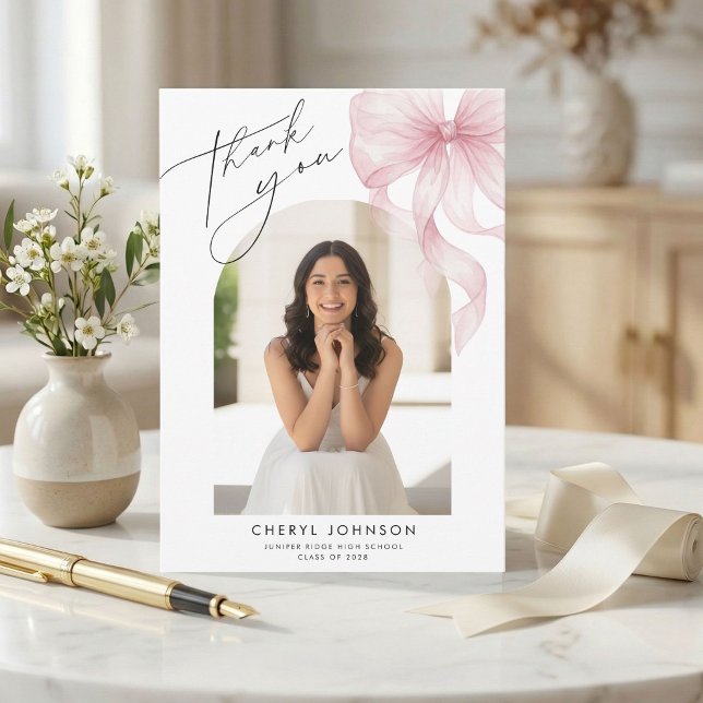 Pink Bow Photo Graduation Thank You Card (Creator Uploaded)
