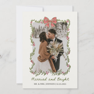 Pink Bow Photo Married and Bright Holiday Card
