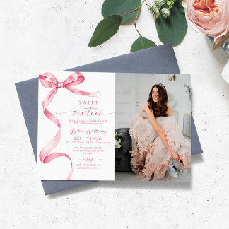 Pink Bow Photo Sweet 16 Birthday Invitation
