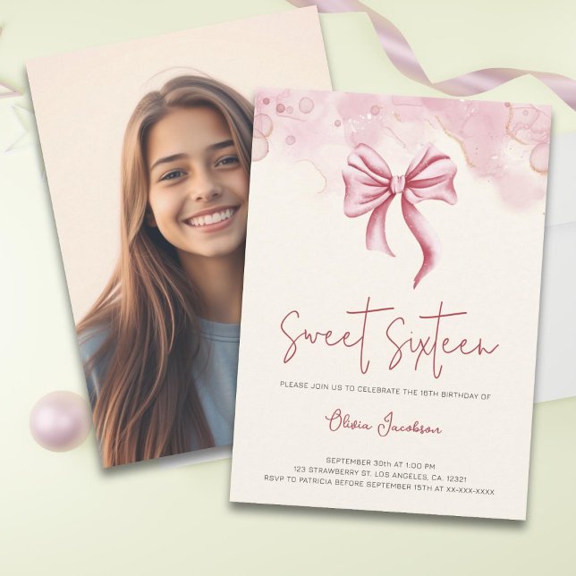 Pink Bow Photo Sweet Sixteen Birthday Invitation (Creator Uploaded)