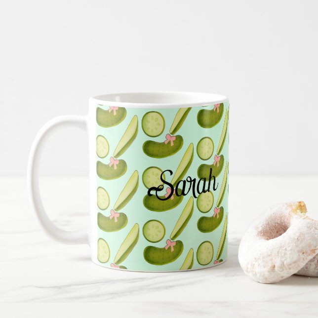 Pink Bow Pickles Coffee Mug (With Donut)