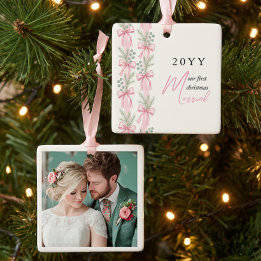 Pink Bow Pine Ribbon First Christmas Married Photo Ceramic Ornament