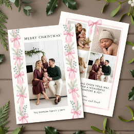 Pink Bow Pine Ribbon Garland Merry Christmas Photo Holiday Card