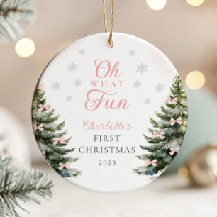 Pink Bow Pine Tree Baby's First Christmas Ceramic Ornament