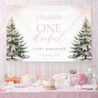 Pink Bow Pine Trees Winter Onederland 1st Birthday