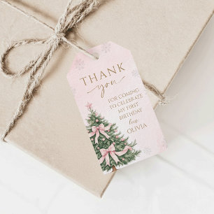 Pink Bow Pine Trees Winter Onederland 1st Birthday Gift Tags