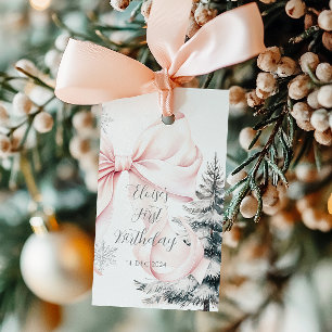 Pink Bow Pine Trees Winter Onederland 1st Birthday Gift Tags
