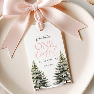 Pink Bow Pine Trees Winter Onederland 1st Birthday Gift Tags