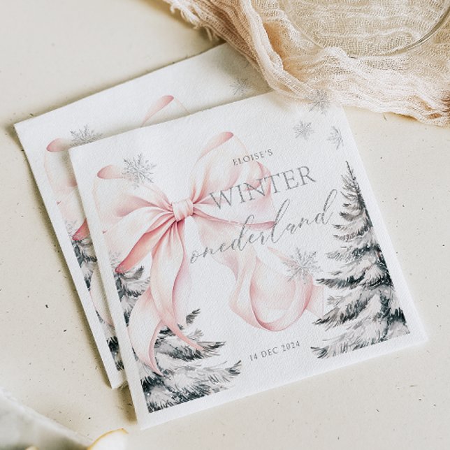 Pink Bow Pine Trees Winter Onederland 1st Birthday Napkins (Creator Uploaded)