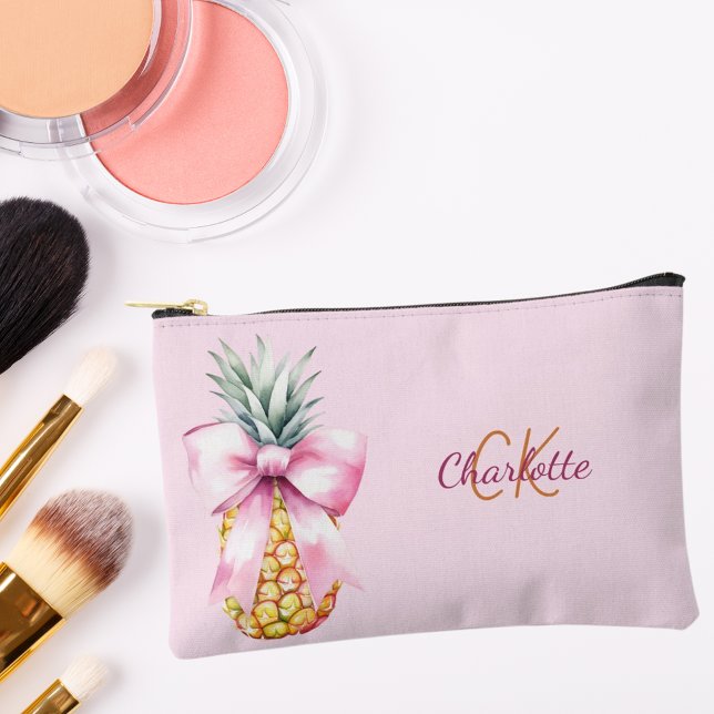 Pink bow pineapple tropical monogram accessory pouch (Creator Uploaded)