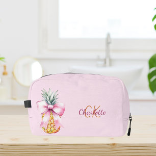 Pink bow pineapple tropical monogram dopp kit