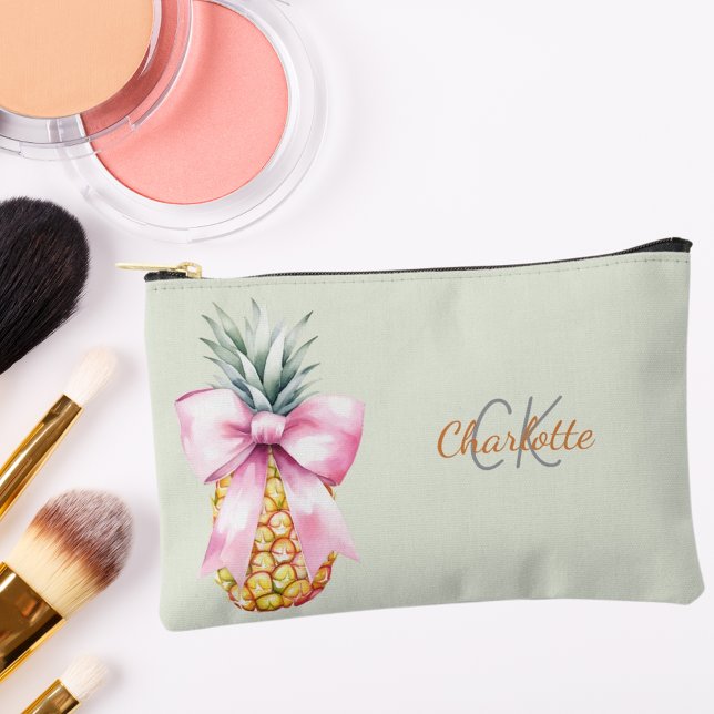 Pink bow pineapple tropical monogram sage green accessory pouch (Creator Uploaded)