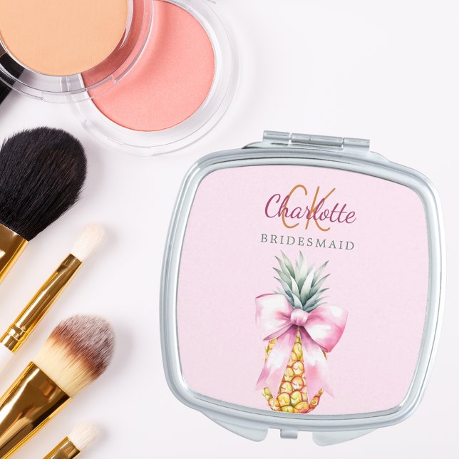 Pink bow pineapple tropical summer bridesmaid compact mirror (Creator Uploaded)