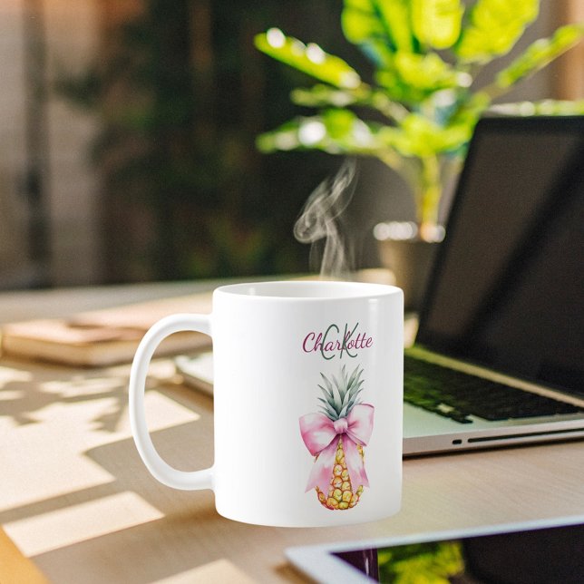 Pink bow pineapple tropical summer monogram coffee mug (Creator Uploaded)