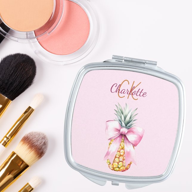 Pink bow pineapple tropical summer monogram compact mirror (Creator Uploaded)