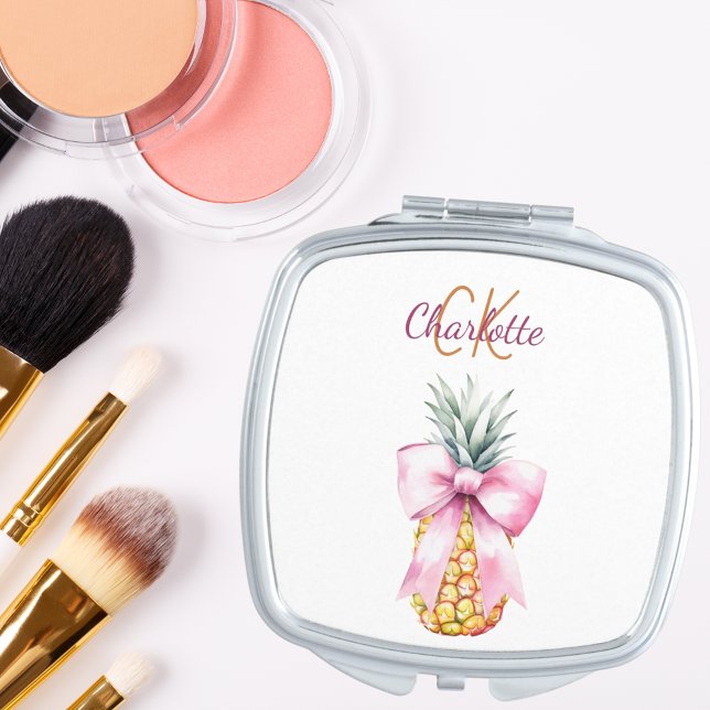 Pink bow pineapple tropical summer monogram compact mirror (Creator Uploaded)