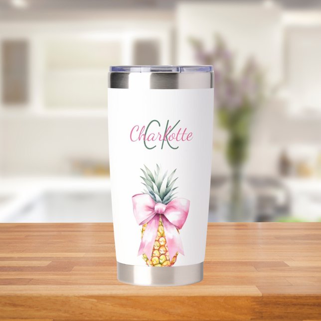 Pink bow pineapple tropical summer monogram insulated tumbler (Creator Uploaded)