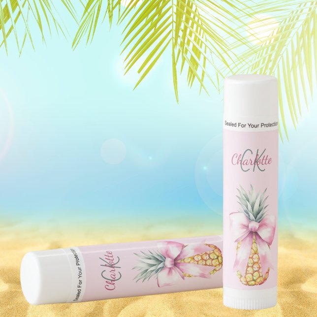 Pink bow pineapple tropical summer monogram lip balm (Creator Uploaded)