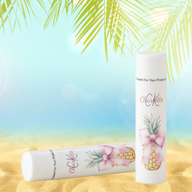 Pink bow pineapple tropical summer monogram lip balm (Creator Uploaded)