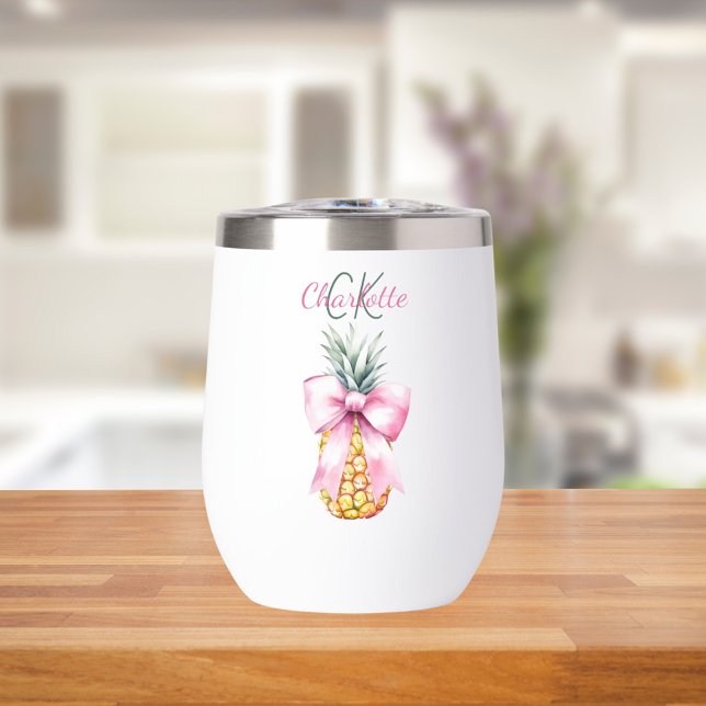 Pink bow pineapple tropical summer monogram thermal wine tumbler (Creator Uploaded)