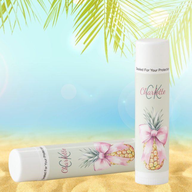Pink bow pineapple tropical summer sage green lip balm (Creator Uploaded)