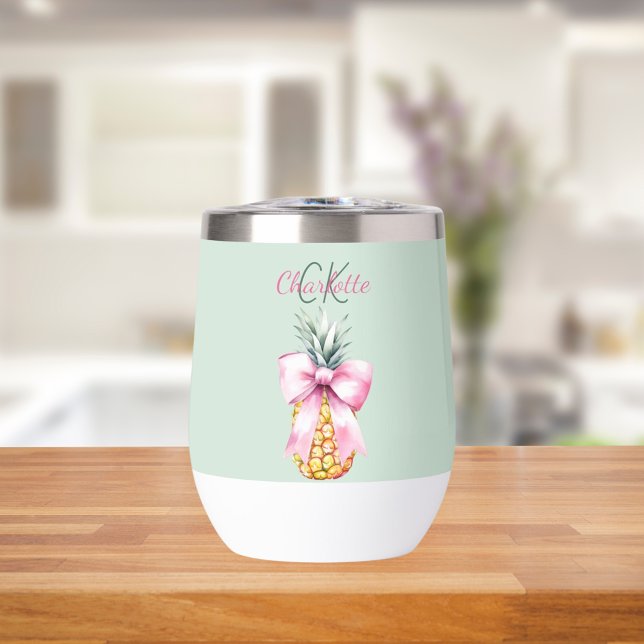 Pink bow pineapple tropical summer sage green thermal wine tumbler (Creator Uploaded)