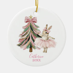Pink Bow Pink Christmas Bunny Ballerina Ceramic Ornament