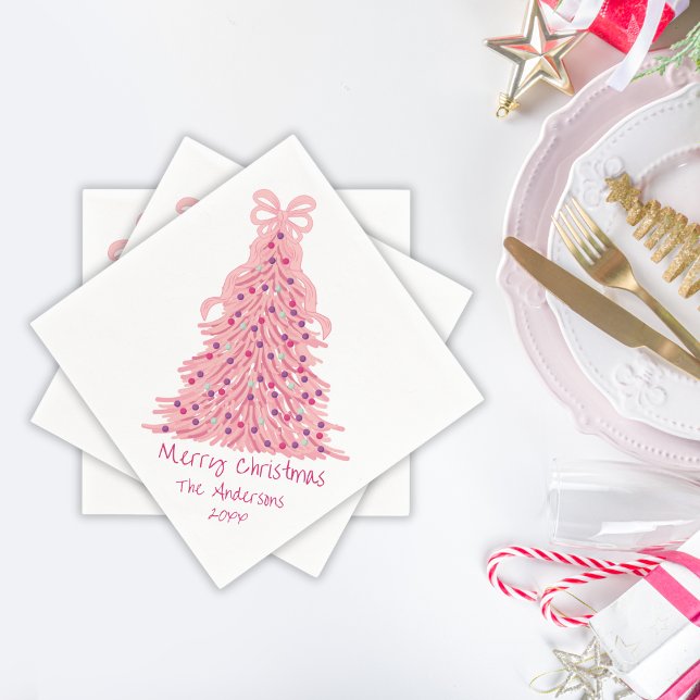 Pink Bow Pink Christmas Tree Napkins (Creator Uploaded)