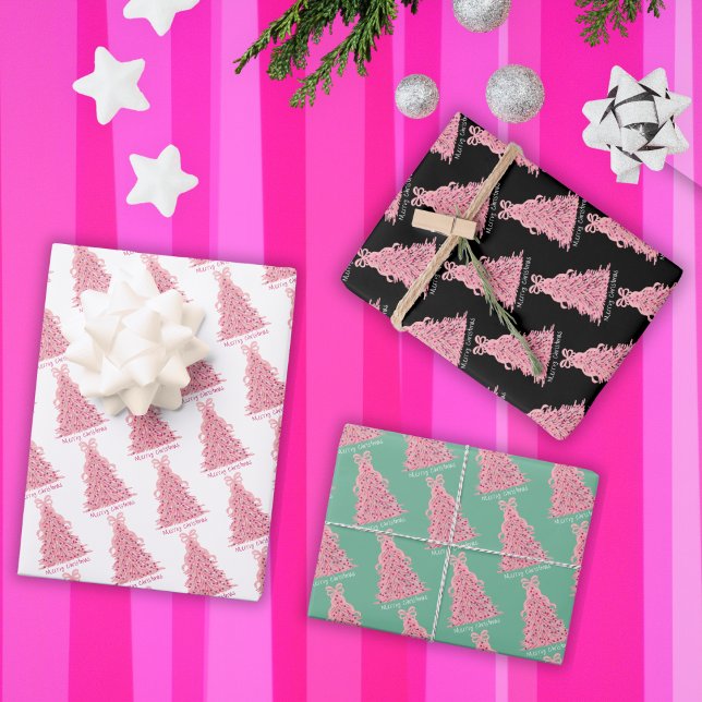 Pink Bow Pink Christmas Tree Wrapping Paper Sheets (Creator Uploaded)