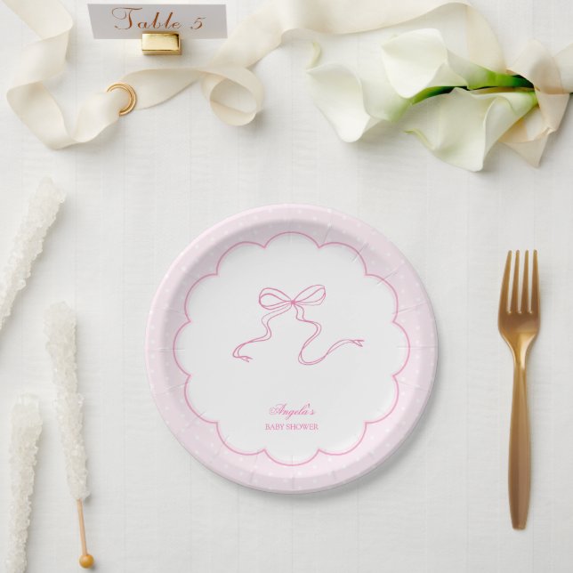 Pink Bow Polka Dot Baby Shower Paper Plate (Wedding)