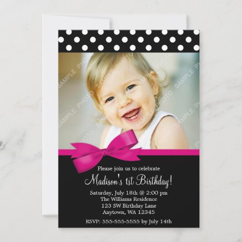 Pink Bow Polka Dots 1st Birthday Girl Photo Announcements