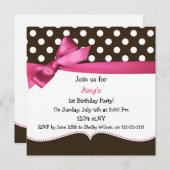 pink bow polka dots first birthday party invitation (Front/Back)