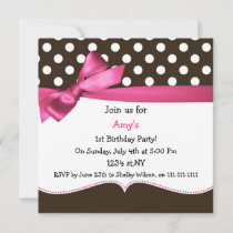 pink bow polka dots first birthday party invitation
