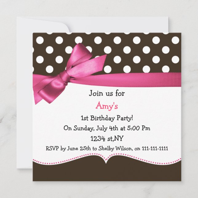 pink bow polka dots first birthday party invitation (Front)