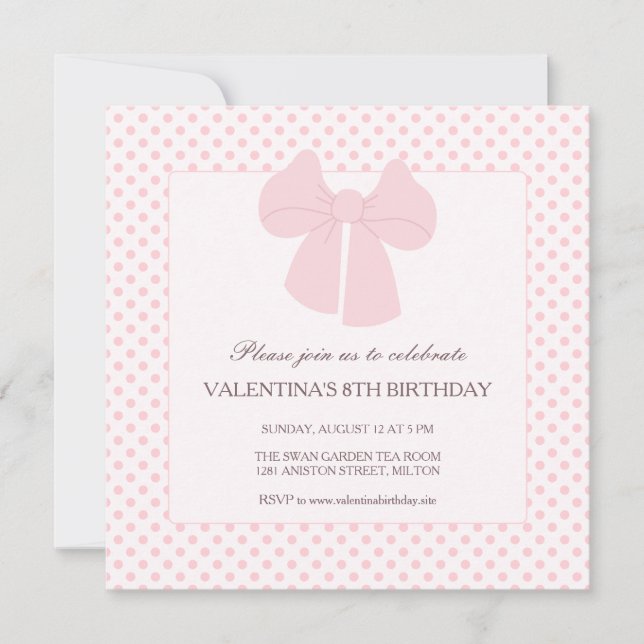 Pink bow polka dots girls birthday  invitation (Front)