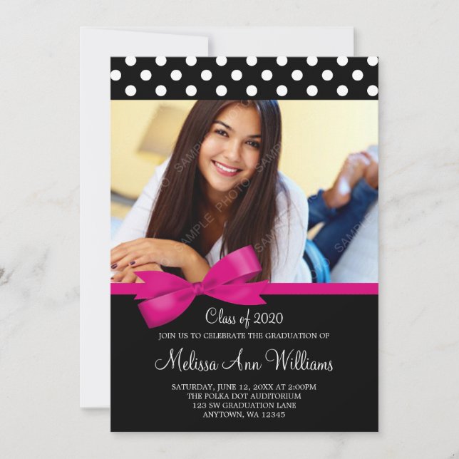 Pink Bow Polka Dots Photo Graduation Announcement (Front)