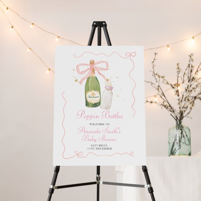 Pink Bow Poppin Bottles Baby Shower Welcome Sign (In Situ (Stand))