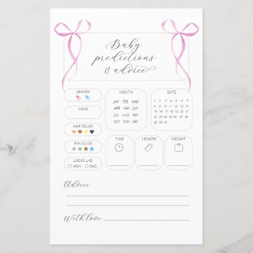 Pink Bow Predictions  Advice Baby Shower Card