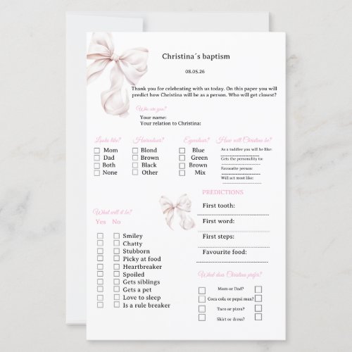 Pink Bow Predictions and advice game for Baptism