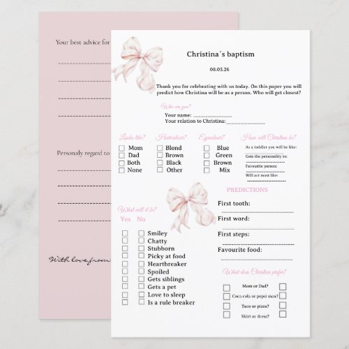 Pink Bow Predictions and advice game for Baptism