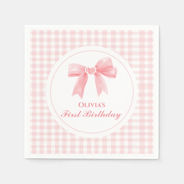 Pink Bow preppy Coquette 1st birthday Napkins (Front)