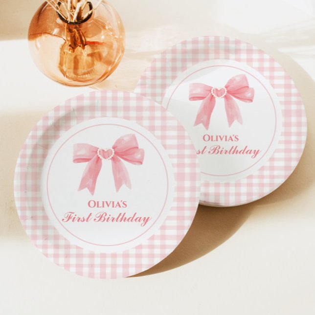 Pink Bow preppy Coquette 1st birthday Paper Plates (Creator Uploaded)