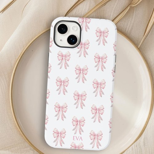 Pink Bow Preppy Coquette Pattern Monogram Initials Case_Mate iPhone 14 Plus Case