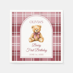 Pink Bow Preppy Teddy Bear 1st Birthday Napkins