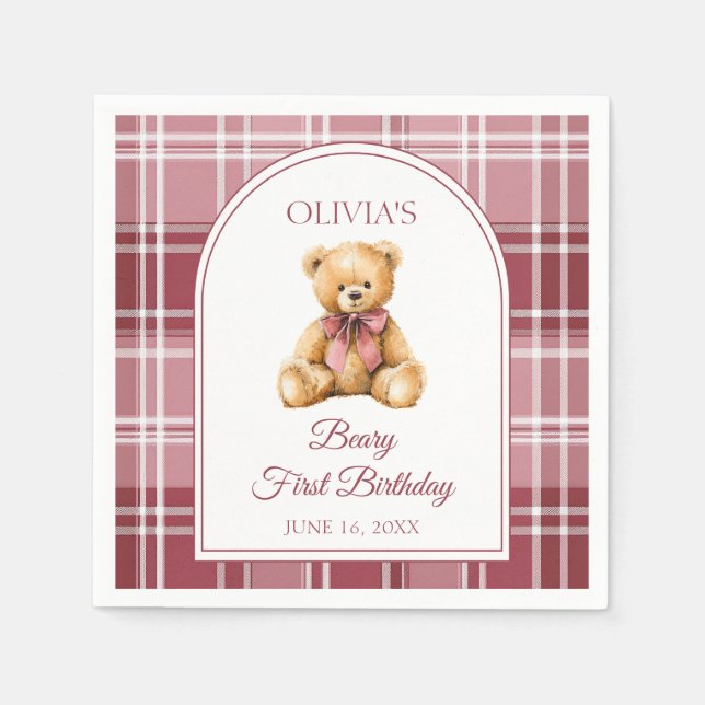 Pink Bow Preppy Teddy Bear 1st Birthday Napkins (Front)